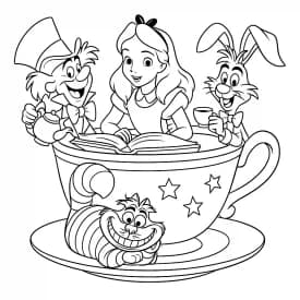 alice tomando chá com o chapeleiro maluco – desenho para colorir