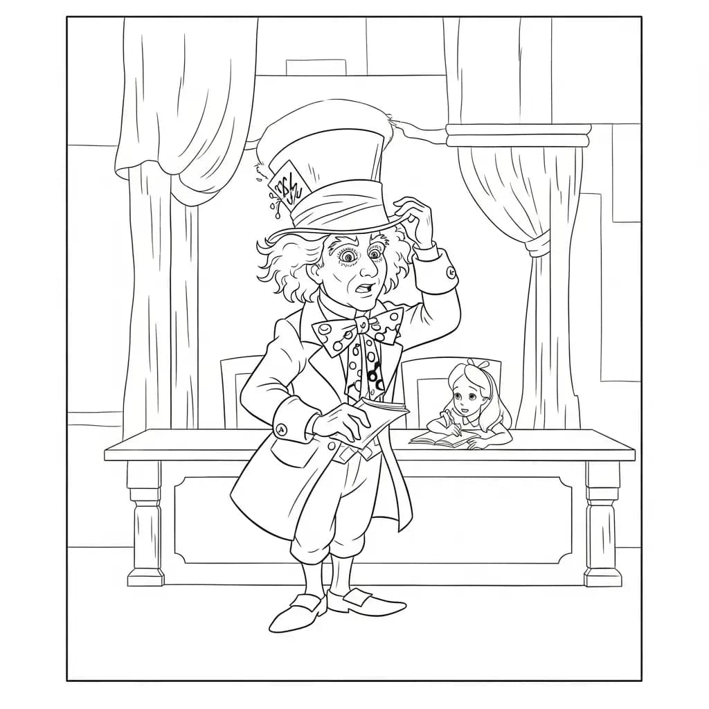 alice tomando chá com o chapeleiro maluco – desenho para colorir