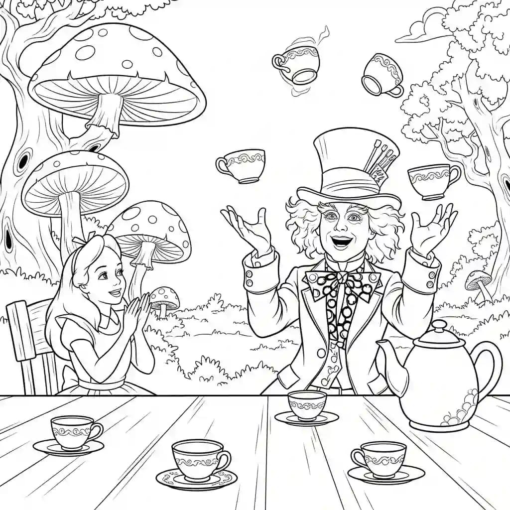 alice tomando chá com o chapeleiro maluco – desenho para colorir