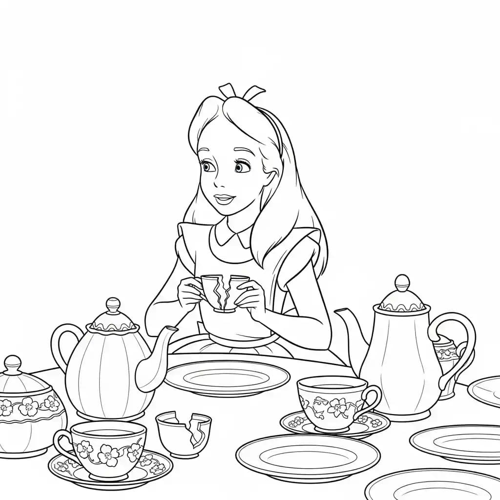 alice tomando chá com o chapeleiro maluco – desenho para colorir
