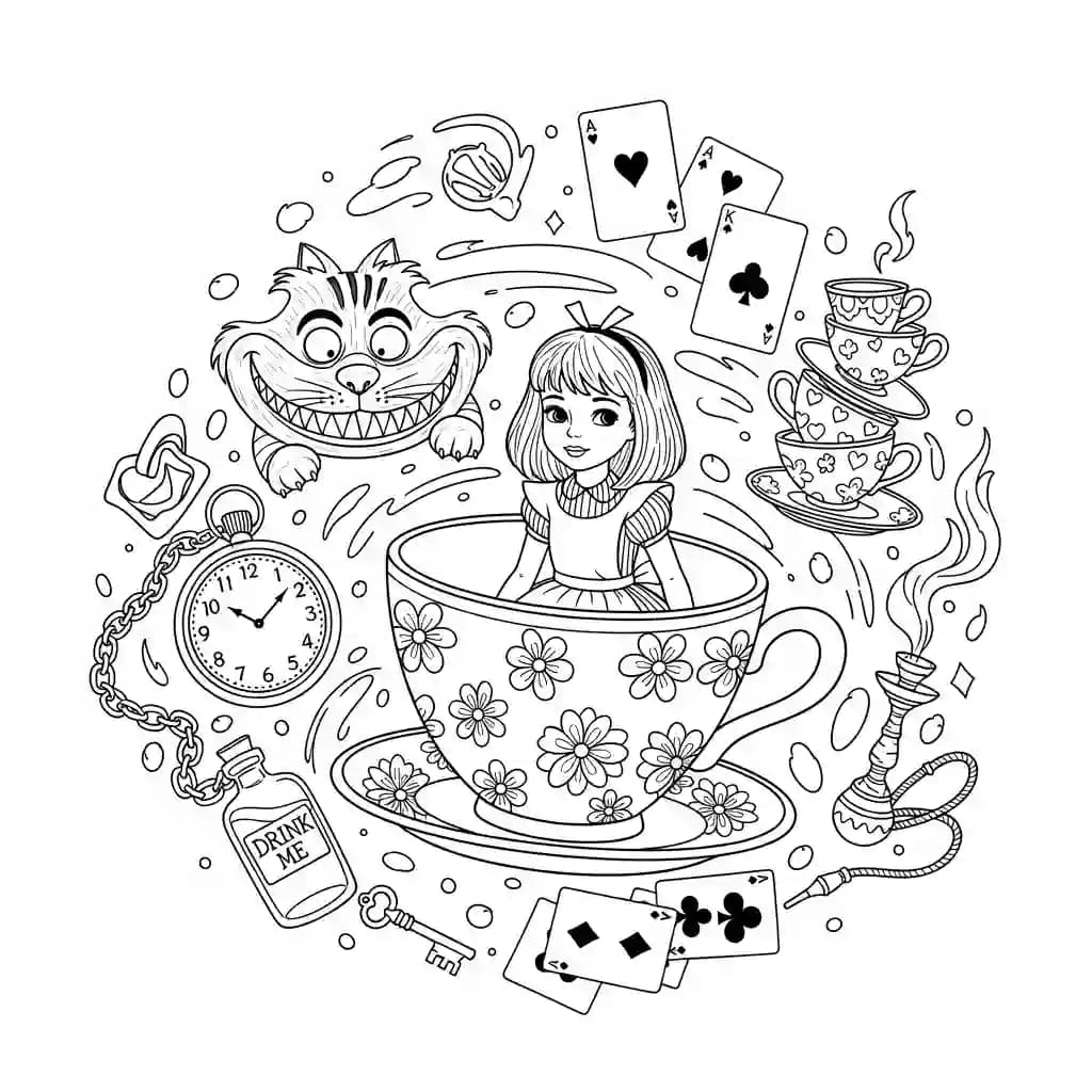 alice tomando chá com o chapeleiro maluco – desenho para colorir
