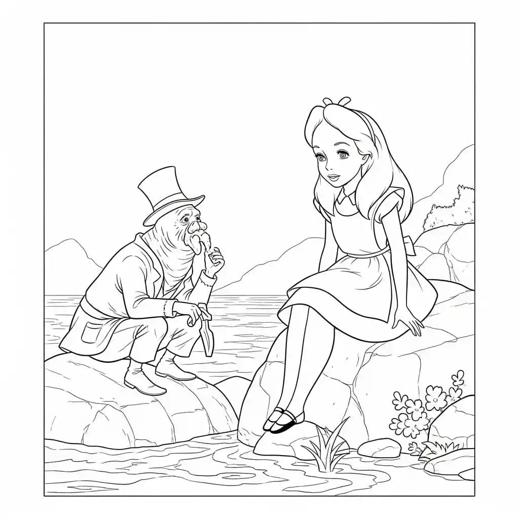 alice tomando chá com o chapeleiro maluco – desenho para colorir