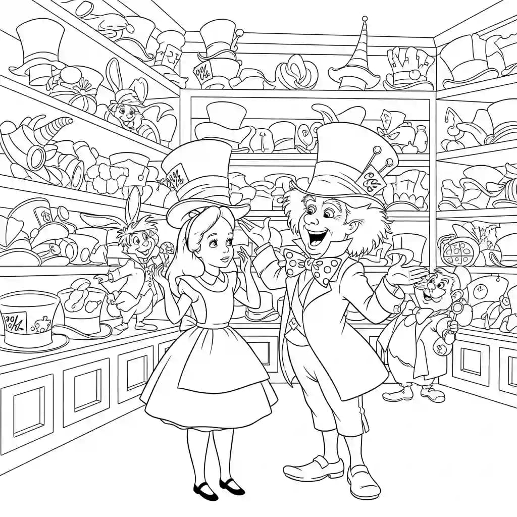 alice tomando chá com o chapeleiro maluco – desenho para colorir