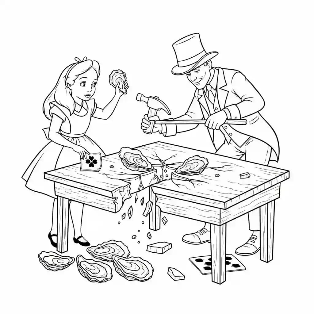 alice tomando chá com o chapeleiro maluco – desenho para colorir