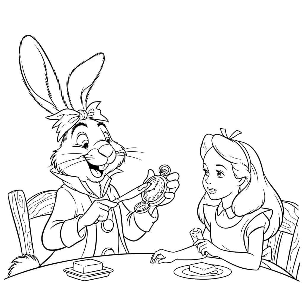 alice tomando chá com o chapeleiro maluco – desenho para colorir