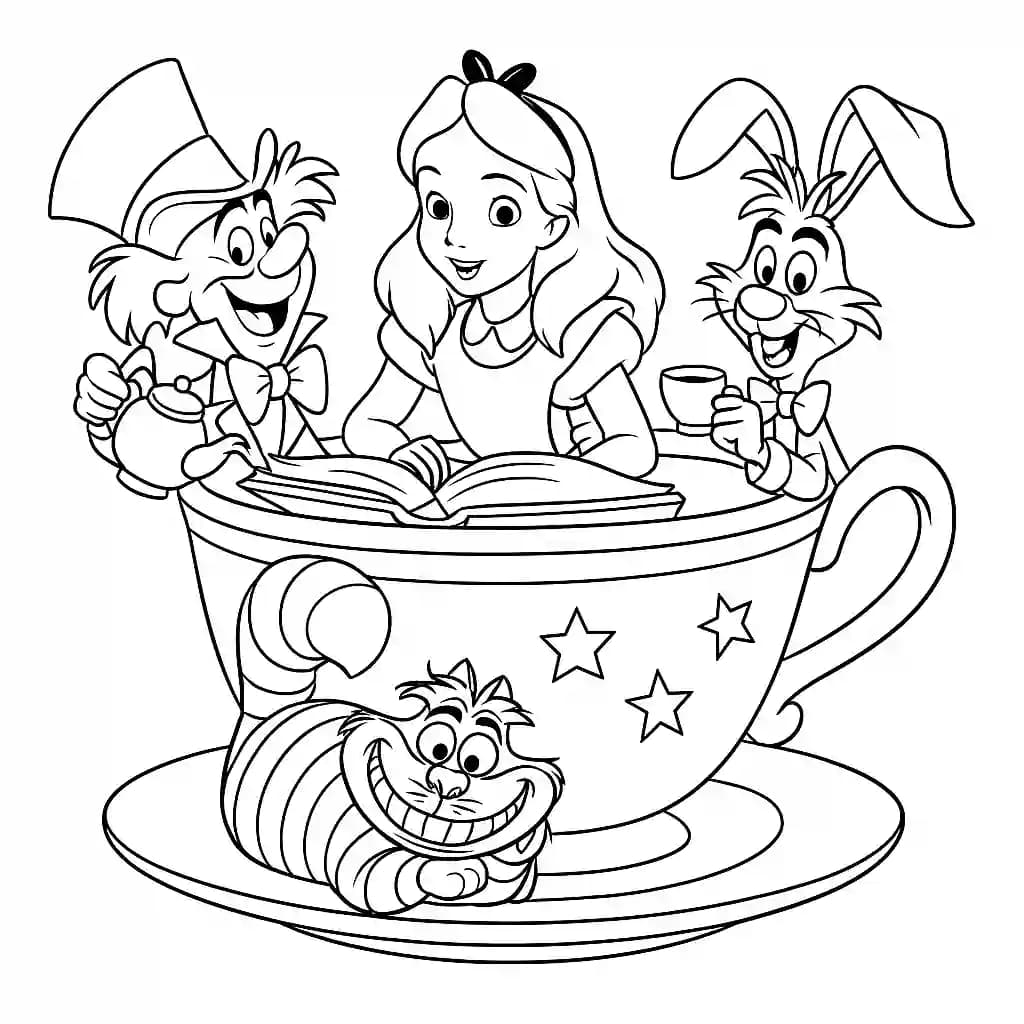 alice tomando chá com o chapeleiro maluco – desenho para colorir
