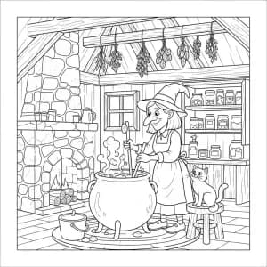 Bruxa cozinhando sopa em cabana na floresta com gato observando