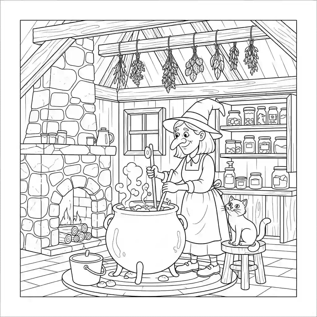 Bruxa cozinhando sopa em cabana na floresta com gato observando
