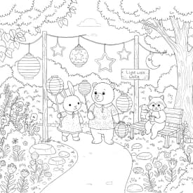 Desenho para Colorir Cozy Friends: Piquenique com Coelhinho e Esquilo em um Good Day Desenhos de Cozy Friends para Imprimir e Colorir