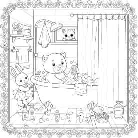 Desenho para Colorir Cozy Friends: Comidinha com Gatinho, Coelhinho e Ursinho Desenhos de Cozy Friends para Imprimir e Colorir