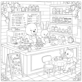 Desenho para Colorir Cozy Friends: Piquenique com Coelhinho e Esquilo em um Good Day Desenhos de Cozy Friends para Imprimir e Colorir