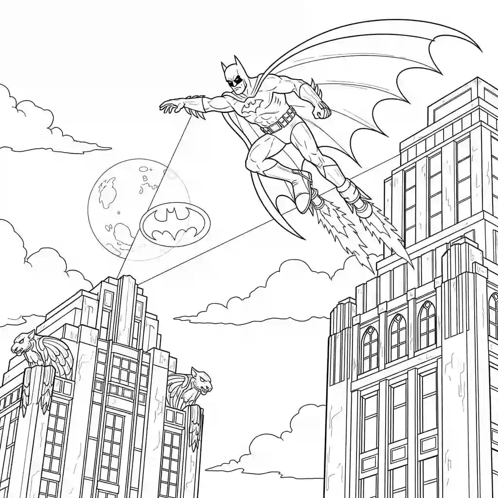 Desenhos do Batman para colorir com cenas de ação, fundo branco e traços grossos, perfeitos para imprimir e pintar