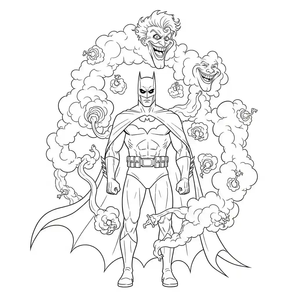 Desenhos do Batman para colorir com cenas de ação, fundo branco e traços grossos, perfeitos para imprimir e pintar