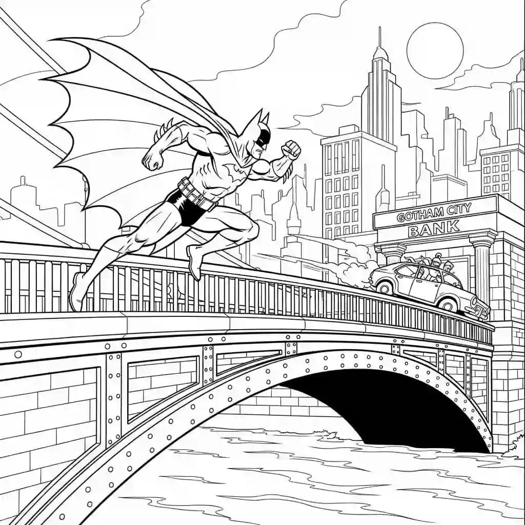 Desenhos do Batman para colorir com cenas de ação, fundo branco e traços grossos, perfeitos para imprimir e pintar