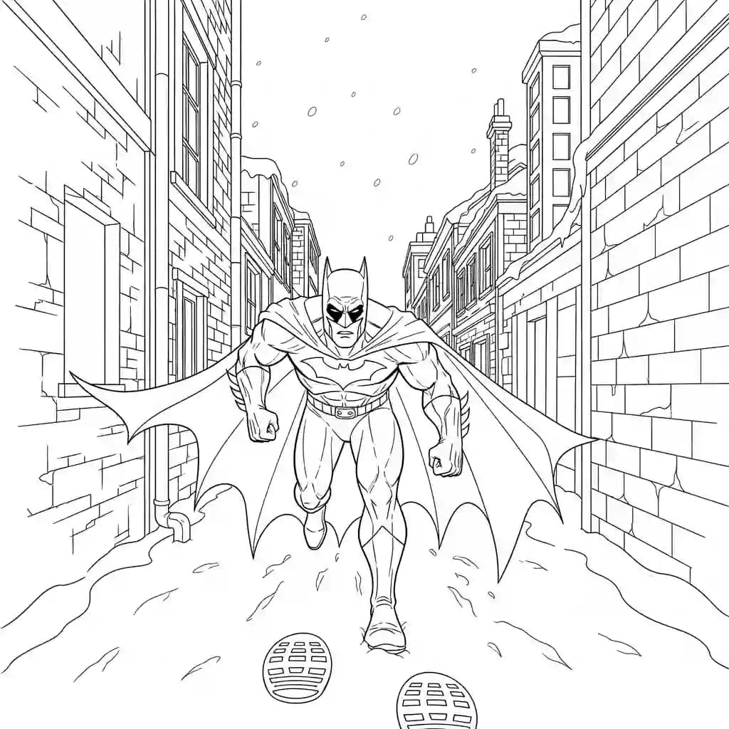 Desenhos do Batman para colorir com cenas de ação, fundo branco e traços grossos, perfeitos para imprimir e pintar