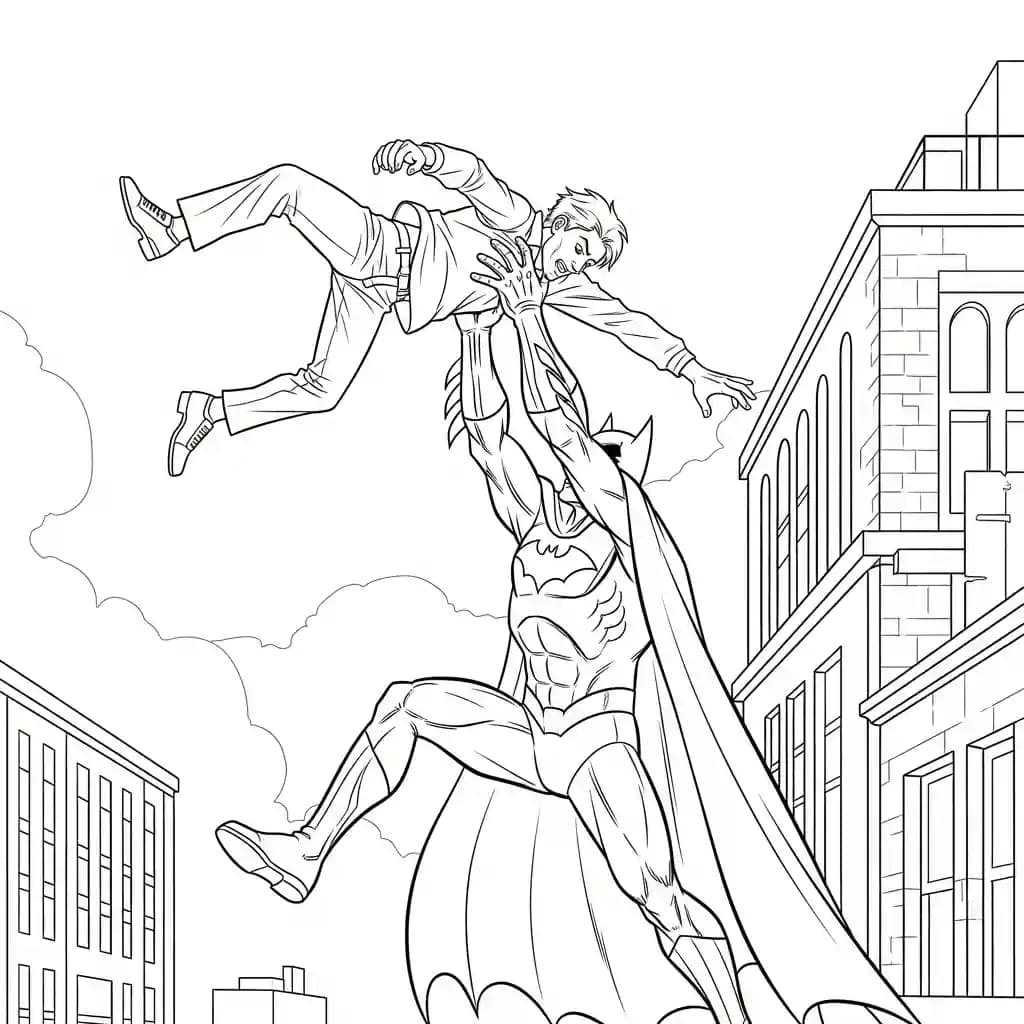 Desenhos do Batman para colorir com cenas de ação, fundo branco e traços grossos, perfeitos para imprimir e pintar