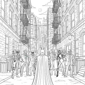 Desenhos do Batman para colorir com cenas de ação, fundo branco e traços grossos, perfeitos para imprimir e pintar