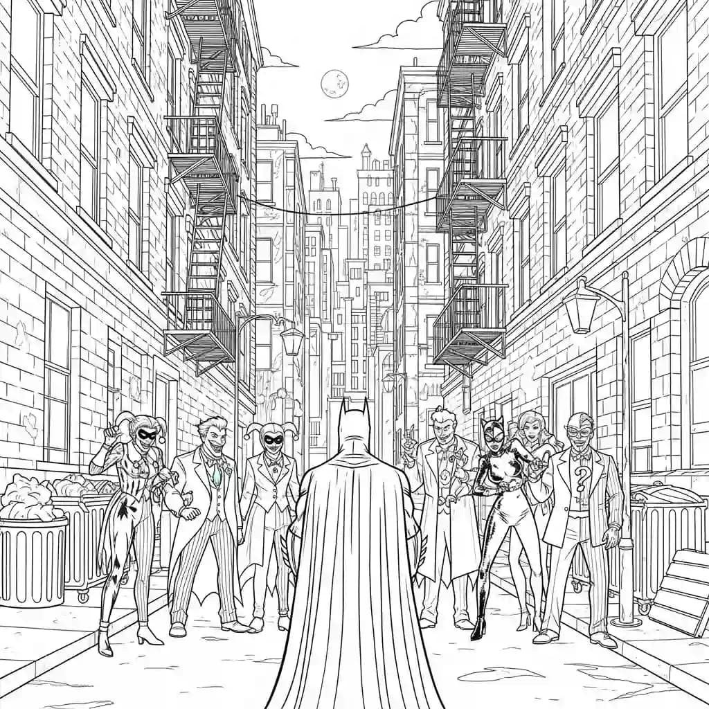 Desenhos do Batman para colorir com cenas de ação, fundo branco e traços grossos, perfeitos para imprimir e pintar