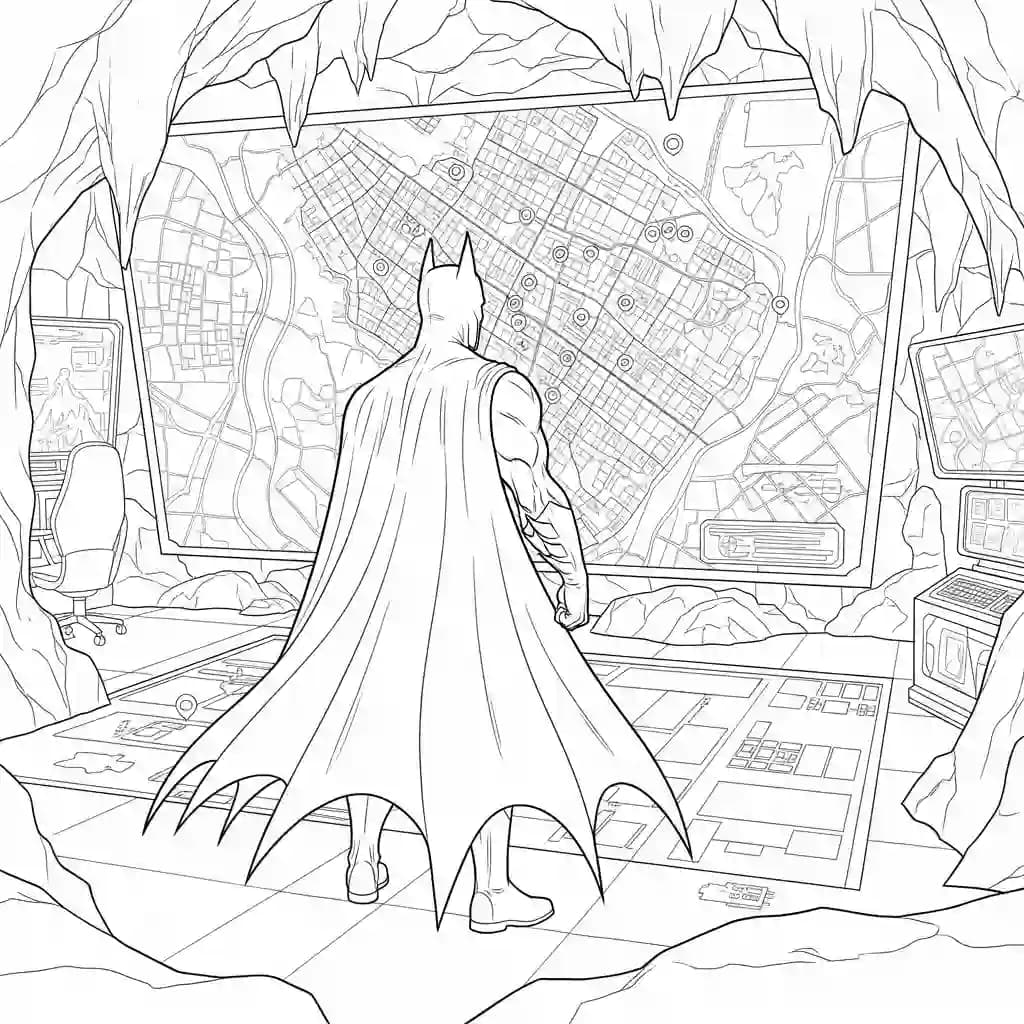 Desenhos do Batman para colorir com cenas de ação, fundo branco e traços grossos, perfeitos para imprimir e pintar