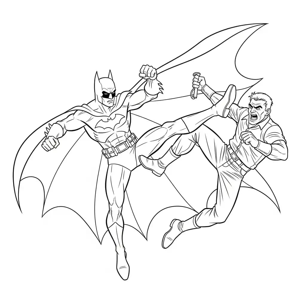 Desenhos do Batman para colorir com cenas de ação, fundo branco e traços grossos, perfeitos para imprimir e pintar