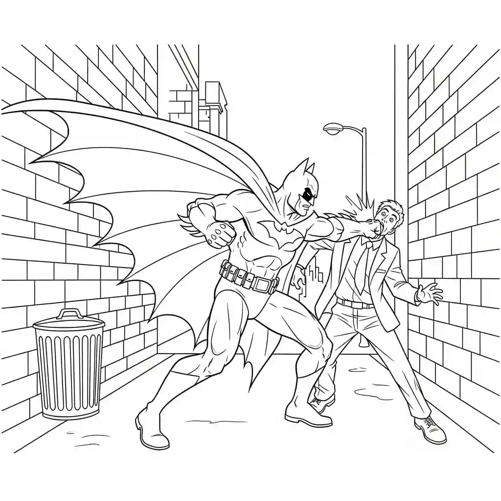 Desenhos do Batman para colorir com cenas de ação, fundo branco e traços grossos, perfeitos para imprimir e pintar