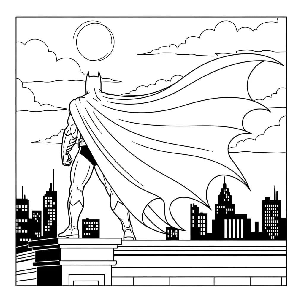 Desenhos do Batman para colorir com cenas de ação, fundo branco e traços grossos, perfeitos para imprimir e pintar