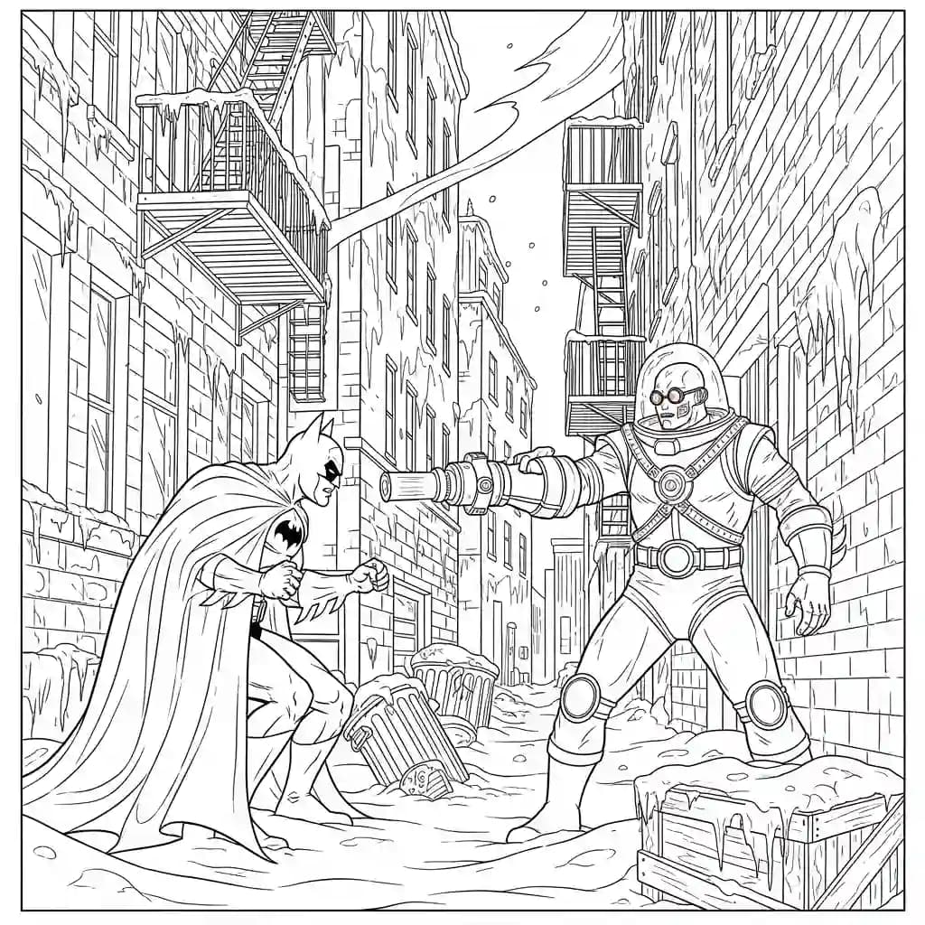 Desenhos do Batman para colorir com cenas de ação, fundo branco e traços grossos, perfeitos para imprimir e pintar