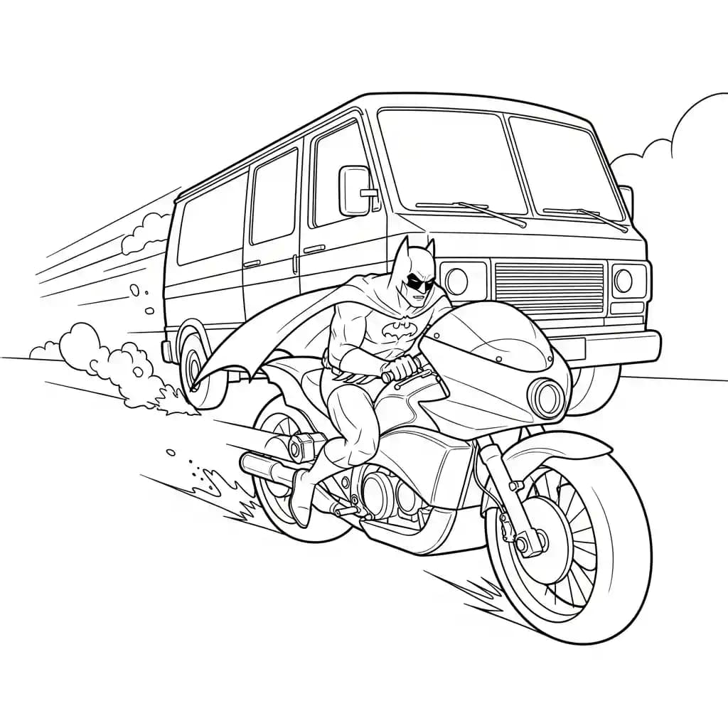 Desenhos do Batman para colorir com cenas de ação, fundo branco e traços grossos, perfeitos para imprimir e pintar