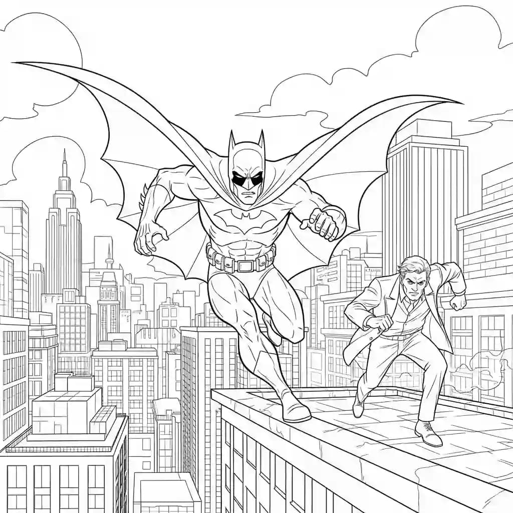 Desenhos do Batman para colorir com cenas de ação, fundo branco e traços grossos, perfeitos para imprimir e pintar