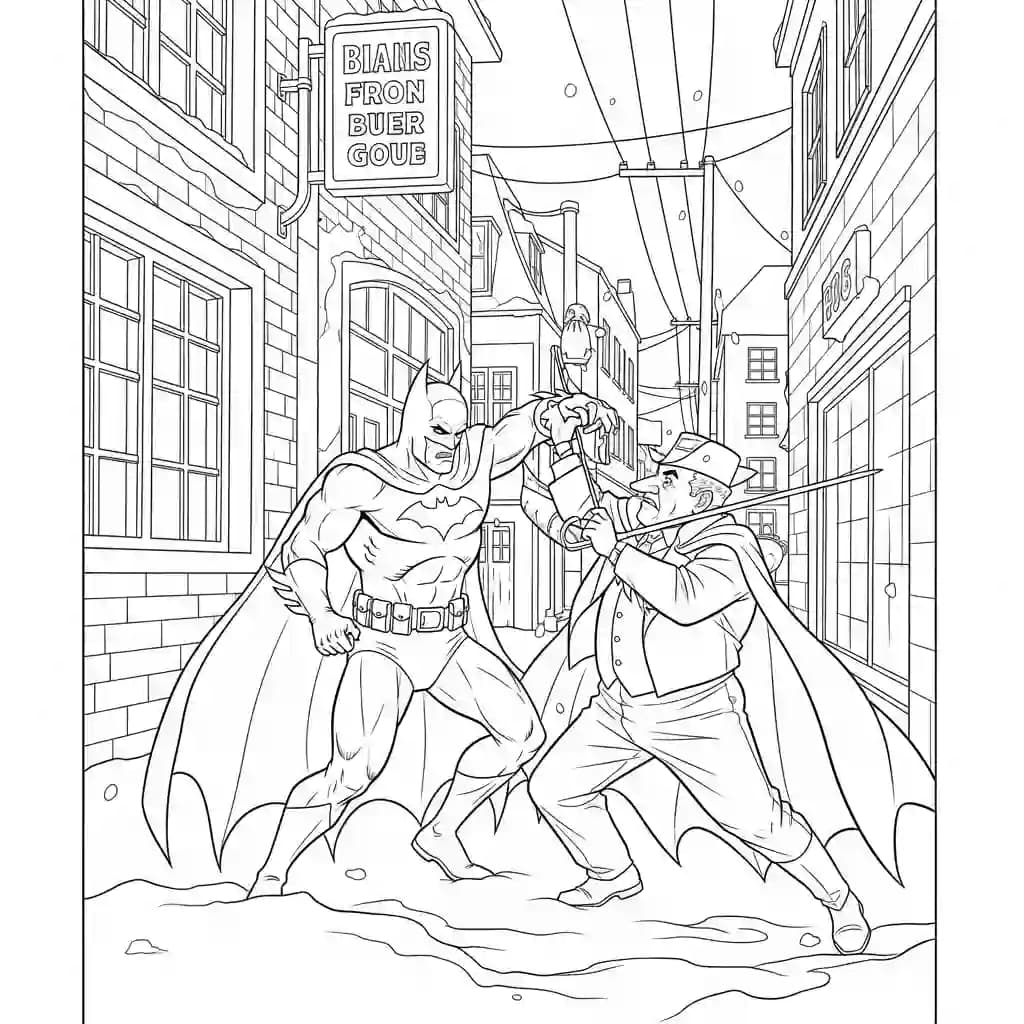 Desenhos do Batman para colorir com cenas de ação, fundo branco e traços grossos, perfeitos para imprimir e pintar