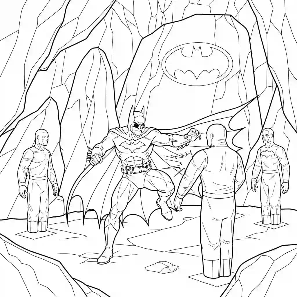Desenhos do Batman para colorir com cenas de ação, fundo branco e traços grossos, perfeitos para imprimir e pintar
