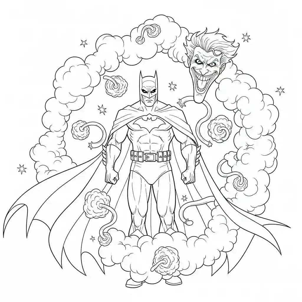 Desenhos do Batman para colorir com cenas de ação, fundo branco e traços grossos, perfeitos para imprimir e pintar