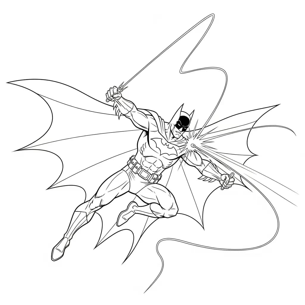 Desenhos do Batman para colorir com cenas de ação, fundo branco e traços grossos, perfeitos para imprimir e pintar