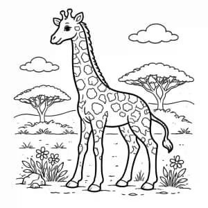 Desenho de Girafa para Colorir Simples e Fácil desenho de girafa na savana para colorir com traços grossos e fundo branco