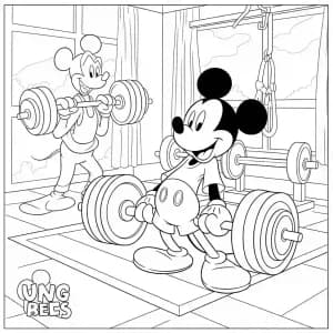 Mickey Mouse Desenhando para Colorir Mickey Mouse levantando peso na academia, desenho em preto e branco para colorir.