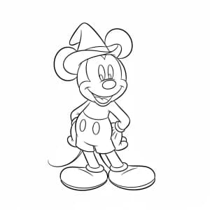 Mickey Mouse Desenhando para Colorir Mickey Mouse em pé usando chapéu, desenho em preto e branco para colorir.