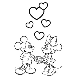 Minnie Mouse Regando Plantas para Colorir Mickey e Minnie de mãos dadas com corações, desenho em preto e branco para colorir.