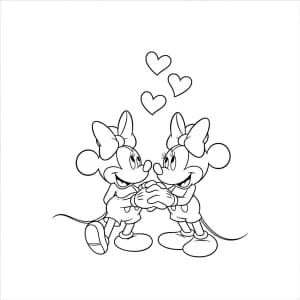 Mickey Mouse Desenhando para Colorir Mickey e Minnie de mãos dadas com corações acima, desenho em preto e branco para colorir.
