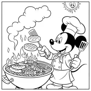 Mickey Mouse Desenhando para Colorir Mickey Mouse como chef fazendo churrasco na grelha, desenho para colorir em preto e branco