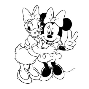 Mickey Mouse Desenhando para Colorir Minnie Mouse e Daisy Duck abraçadas em desenho para colorir com traços simples e sem preenchimento