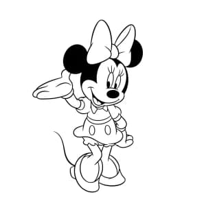 Turma do Mickey Mouse para Colorir Minnie Mouse em pé acenando, desenho em preto e branco para colorir.