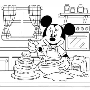 Turma do Mickey Mouse para Colorir Minnie Mouse cozinhando um bolo na cozinha, desenho em preto e branco para colorir.