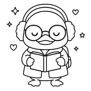 paper-duck-tiktok Paper Duck fofinho com abafadores de ouvido, óculos grandes e segurando um livro aberto.