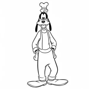 Minnie Mouse Regando Plantas para Colorir Pateta em pé sorrindo, desenho em preto e branco para colorir.