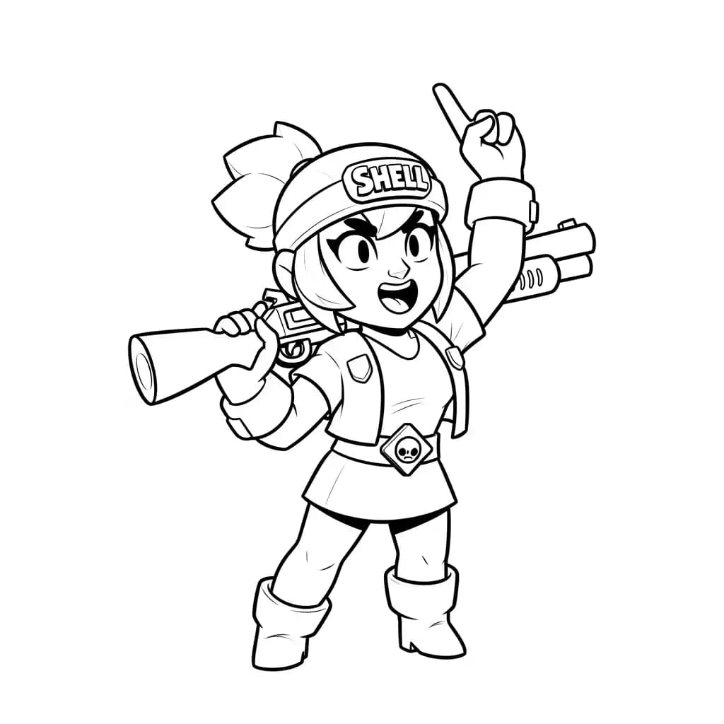 desenho da Shelly virada de lado segurando a shotgun apoiada no ombro