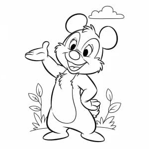 Minnie Mouse Regando Plantas para Colorir Tico em pé acenando, desenho em preto e branco para colorir.